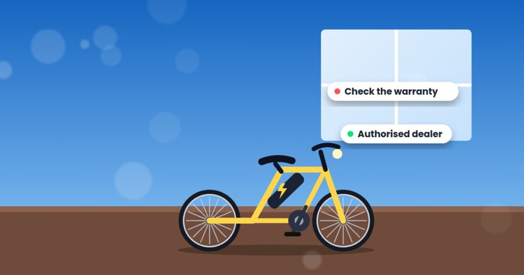 Yellow electric cycle with callouts for battery warranty, motor, range and brakes
