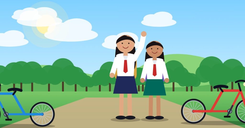 Two student bicycles on a road with state location pins
