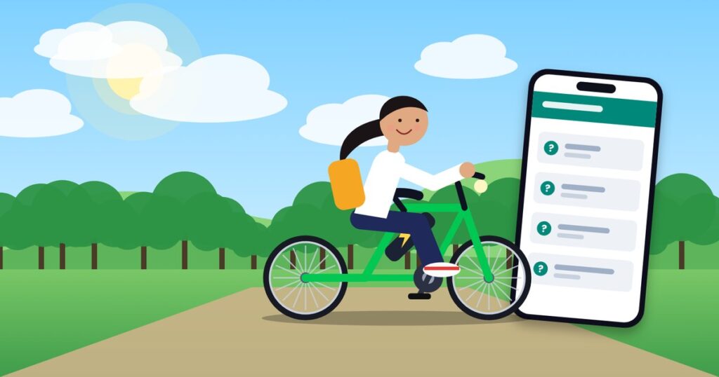 Girl student with question marks and speech bubbles about electric cycle schemes